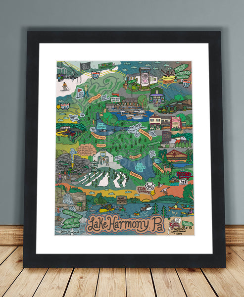 Map of Lake Harmony, Poconos, Map Art, Pennsylvania (customization and framing options)