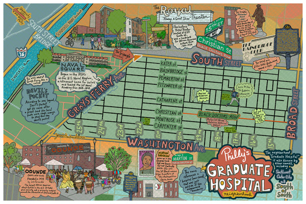 Map of Graduate Hospital, South of South, Philly neighborhood, Philly Map Art, Pennsylvania (customization and framing options)