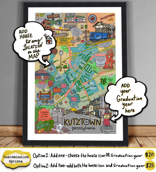 Map of Kutztown, PA, Berks County, Kutztown University (customization and framing options)