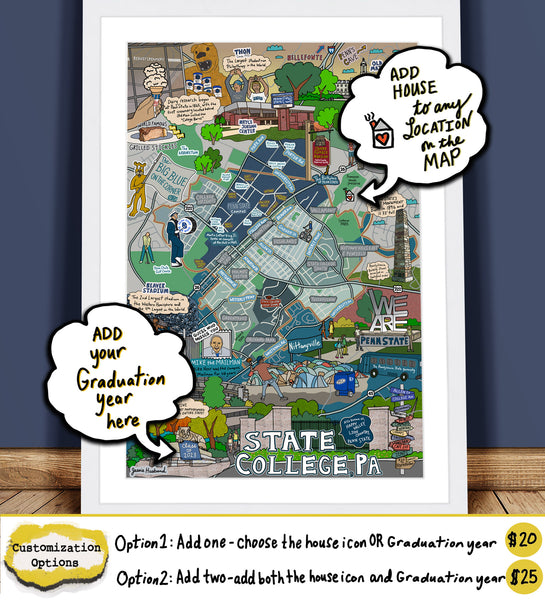 Map of State College, PA, Penn State, Happy Valley (customization and framing options)