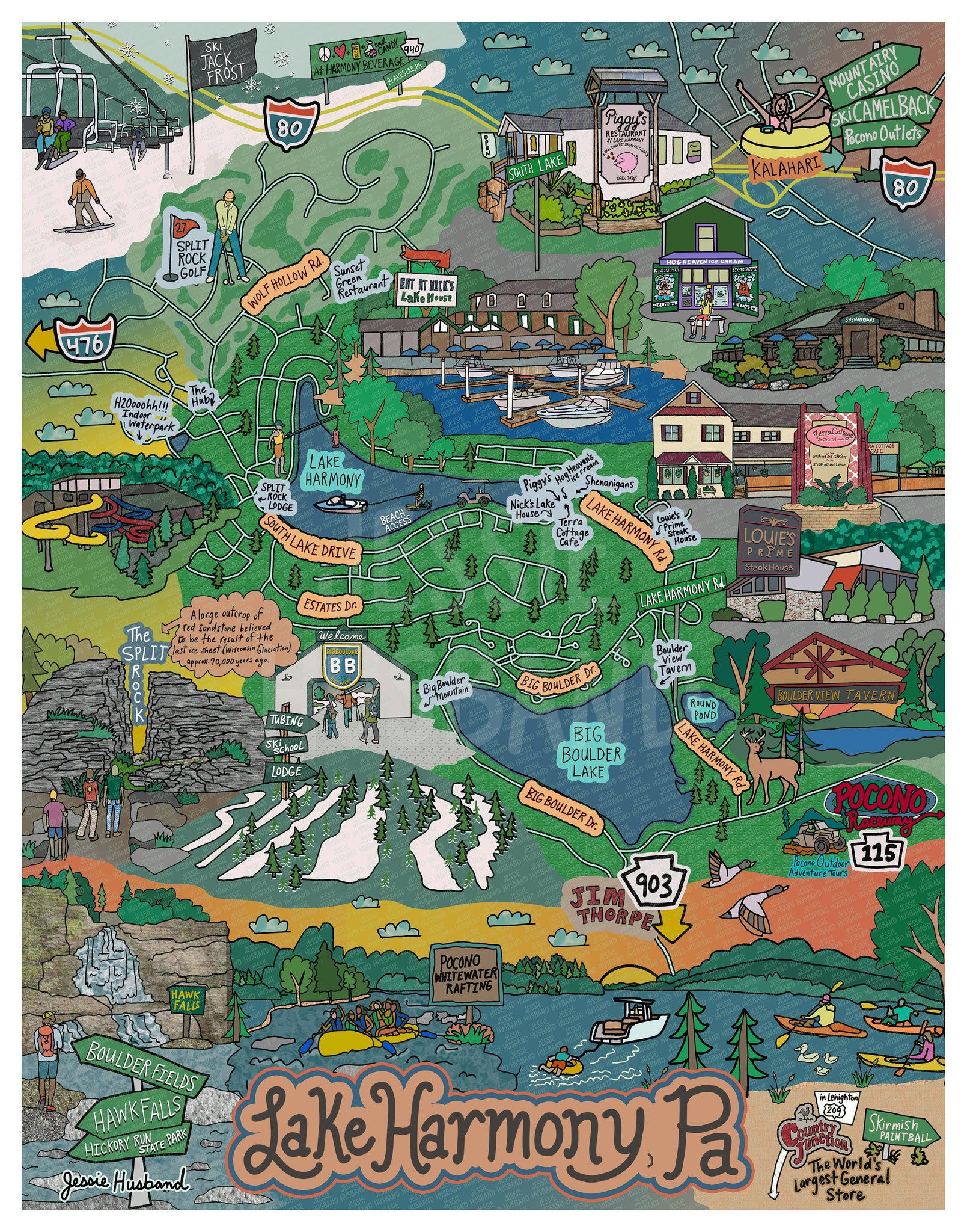 Map of Lake Harmony, Poconos, Map Art, Pennsylvania (customization and framing options)