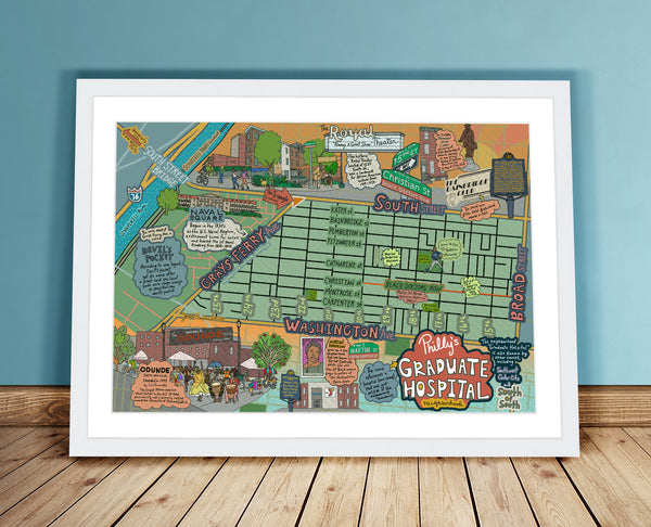 Map of Graduate Hospital, South of South, Philly neighborhood, Philly Map Art, Pennsylvania (customization and framing options)