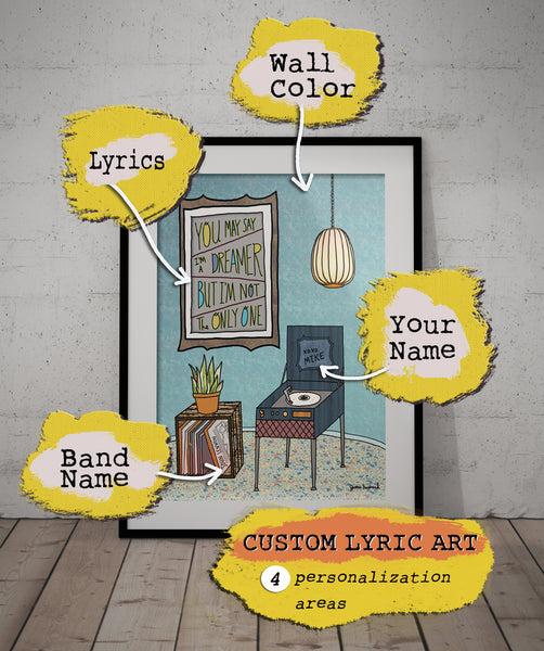 Custom & Personalized Song Lyric Art, record player, plant, lamp - Jessie husband