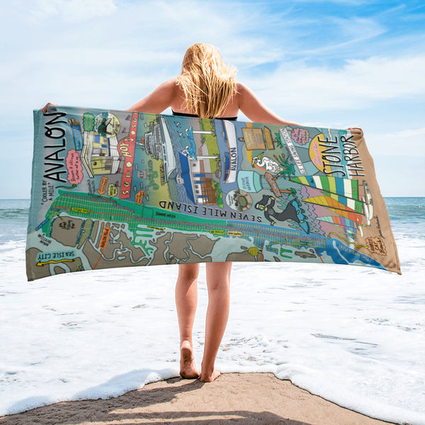 Map of Avalon and Stone Harbor Beach Towel - Jessie husband